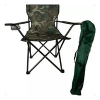 Cadeira dobrável camuflada Adventure Pro com bolsa de transporte verde, destacando a portabilidade e o Alto Valor do kit.