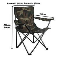 Cadeira camuflada com dimensões (Altura 80cm, Assento 48cm), mostrando o design ergonômico para conforto estendido.