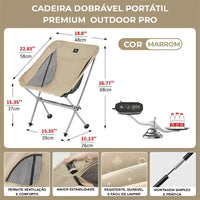 Detalhes da cadeira destacando a ventilação para conforto, a estabilidade, o tecido durável e a montagem simples e prática.