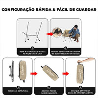 Diagrama de 5 passos para a configuração rápida e fácil de guardar, reforçando a conveniência e o Alto Valor do produto dobrável.