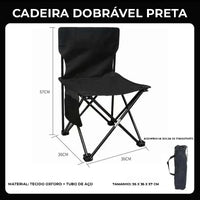 Cadeira dobrável portátil preta com peso de 1.3 KG e estrutura de tubo de aço, reforçando a durabilidade e o tecido Oxford.