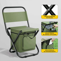 Vista da cadeira multifuncional com miniaturas de uso (sentado, dobrado, cooler), reforçando a montagem rápida para viagem.