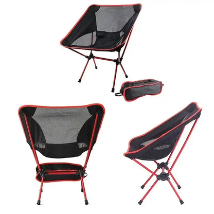 Colagem com ângulos frontal lateral e traseira da cadeira portátil vermelha e bolsa de transporte
