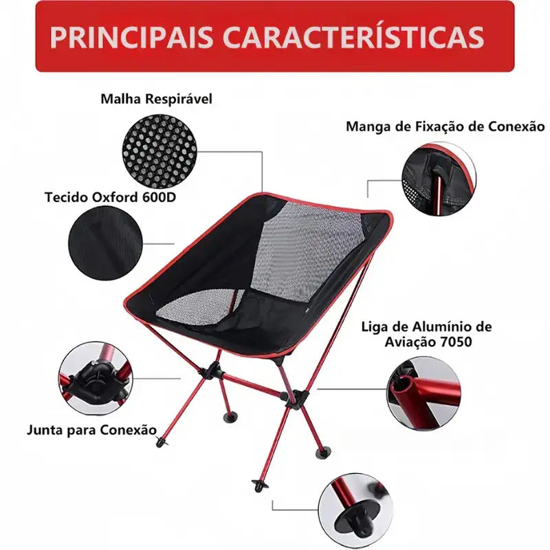 Infográfico detalhes técnicos cadeira vermelha liga de alumínio e tecido oxford respirável