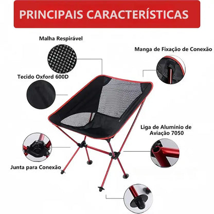 Infográfico detalhes técnicos cadeira vermelha liga de alumínio e tecido oxford respirável