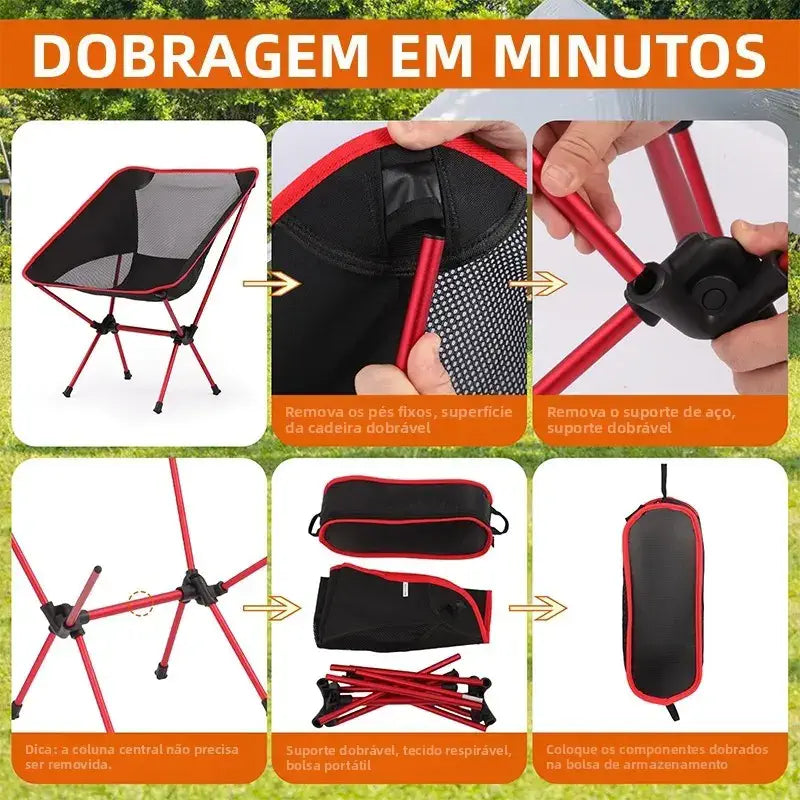 Passo a passo de montagem rápida e dobragem da cadeira portátil vermelha em minutos