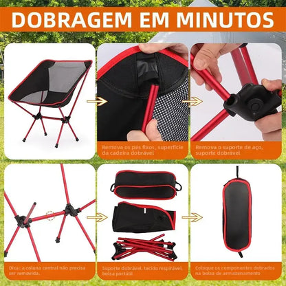 Passo a passo de montagem rápida e dobragem da cadeira portátil vermelha em minutos