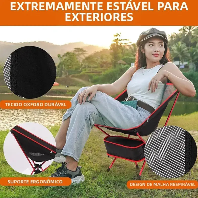 Mulher sentada na cadeira portátil vermelha em gramado demonstrando conforto ergonômico