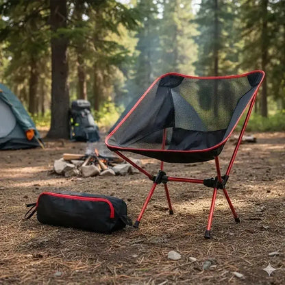 Cadeira de aventura vermelha em acampamento na floresta com barraca e mochila trekking ao fundo