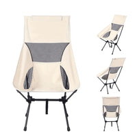 Cadeira portátil de camping com encosto alto na cor bege, design ergonômico para conforto estendido durante o uso.