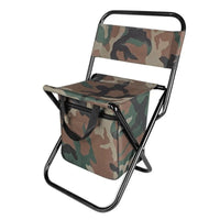 Cadeira Dobrável Camuflada com Bolsa Integrada, focada na portabilidade para Pesca Pro e uso outdoor.