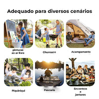 Grade de cenários, mostrando o uso versátil da cadeira para pescaria, churrasco e eventos outdoor, destacando a conveniência.