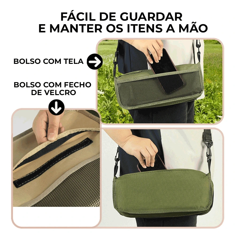 Close-up dos bolsos com tela e fecho de velcro, promovendo organização e conveniência para manter itens essenciais à mão.