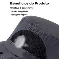 Painel de benefícios destacando o tecido respirável, ultraleve e de secagem rápida, essenciais para o conforto prolongado.