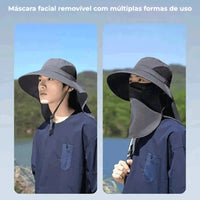 Chapéu mostrando a máscara facial removível, ilustrando a multifuncionalidade e a conveniência para o uso diário.