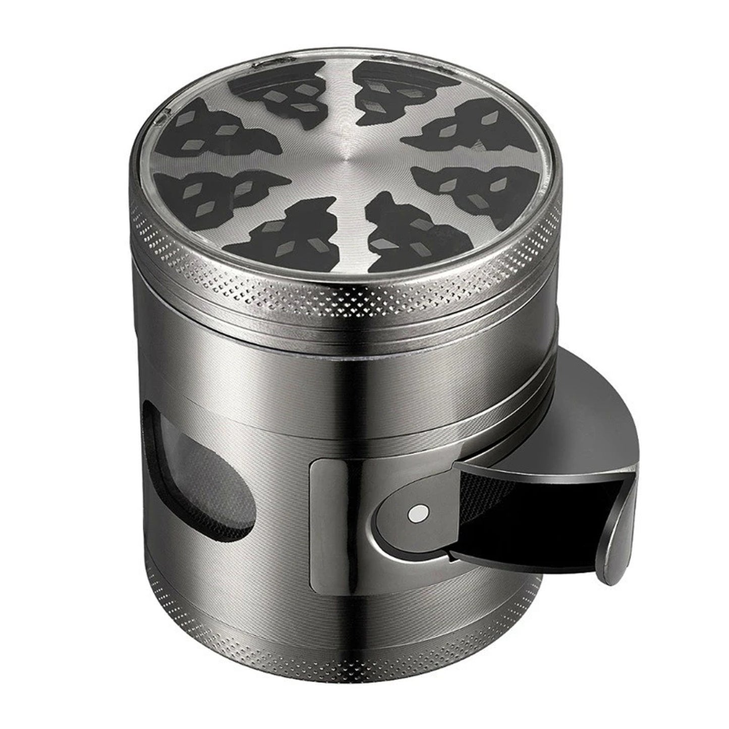 Dichavador Puff Vision de metal cinza com tampa de vidro transparente e compartimento lateral basculante aberto