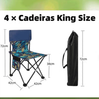 Diagrama das Cadeiras King Size (72cm altura), focando no conforto do assento amplo e na portabilidade para a família.