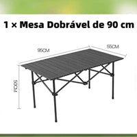 Detalhes das dimensões da Mesa Dobrável de 90cm e das cadeiras ultraleves (1.36kg), enfatizando a portabilidade e conveniência.