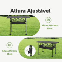 Mesa de Camping preta com altura ajustável e estrutura reforçada, destacando o kit completo e a montagem.