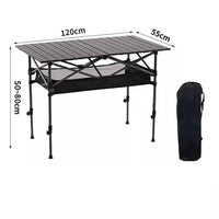 Mesa grande de camping (120cm x 55cm) com altura ajustável, ideal para portabilidade em viagens e acampamentos.