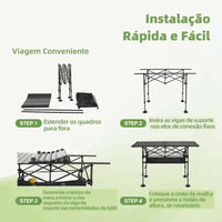 Sequência de 4 passos para instalação rápida e viagem conveniente, reforçando a montagem simples e o Alto Valor.