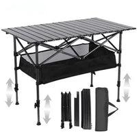 Vista completa da mesa dobrável com ajuste de altura, focando na estrutura reforçada e na durabilidade do design.