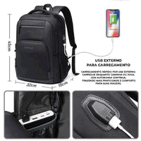 Detalhes do USB externo, garantindo praticidade e conforto em viagens, com dimensões ideais para portabilidade.