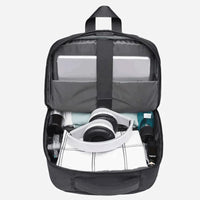 Vista do compartimento principal com organização interna para tablet e fones, ideal para capacidade em viagens.