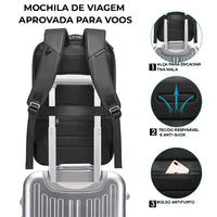 Mochila de Viagem com alça para encaixar na mala e design aprovado para voos, ideal para portabilidade e viagem executiva.