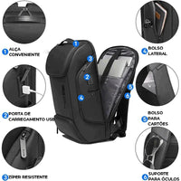 Diagrama de organização com porta USB, zíper resistente e suporte para óculos, reforçando a segurança e organização.