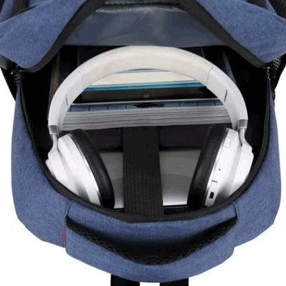 Compartimentos internos da mochila masculina azul para notebook e acessórios