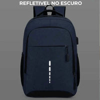 Mochila Antifurto com faixa refletiva no escuro, aumentando a segurança noturna e a durabilidade do acessório.