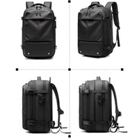 Quatro ângulos da mochila de viagem, destacando o design compacto e a portabilidade do acessório de design premium.