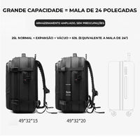 Comparação de grande capacidade (25L para 60 Litros) com mala de 24 polegadas, destacando a função expansível e a otimização de espaço.