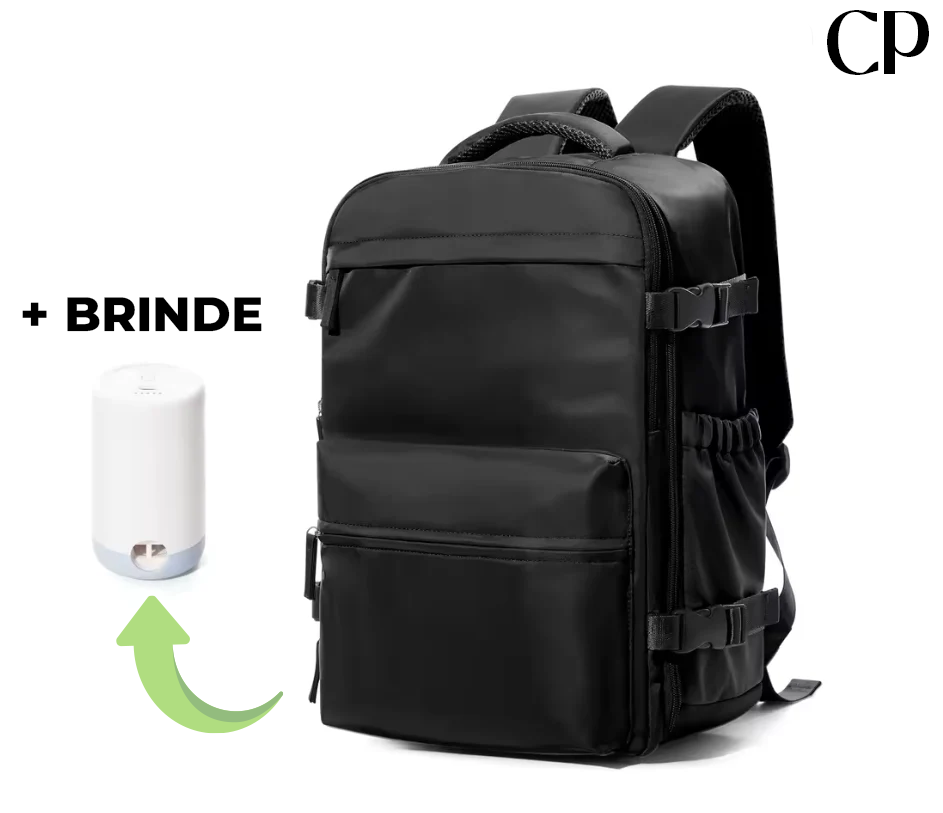 Mochila a Vácuo preta com bomba de ar inclusa como brinde, USP de Alto Valor para organização e portabilidade.