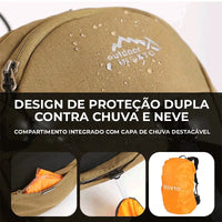 Demonstração da capa de chuva destacável (proteção dupla), garantindo resistência à chuva e neve e durabilidade.