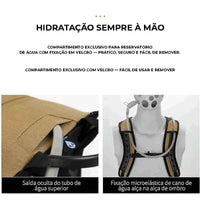 Detalhes da saída oculta do tubo de água e fixação microelástica na alça, para hidratação fácil e conveniência.