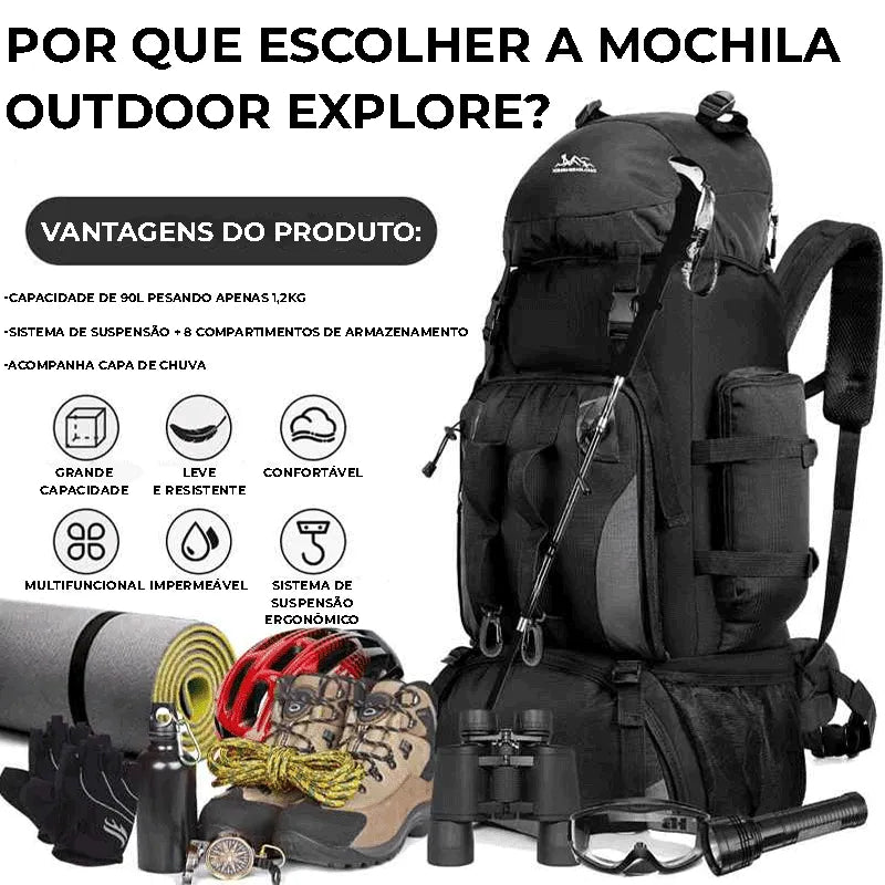 Vantagens da mochila, destacando a capacidade de 90 Litros, o peso de 1.2KG e o sistema de suspensão ergonômico para conforto.