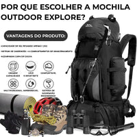 Vantagens da mochila, destacando a capacidade de 90 Litros, o peso de 1.2KG e o sistema de suspensão ergonômico para conforto.