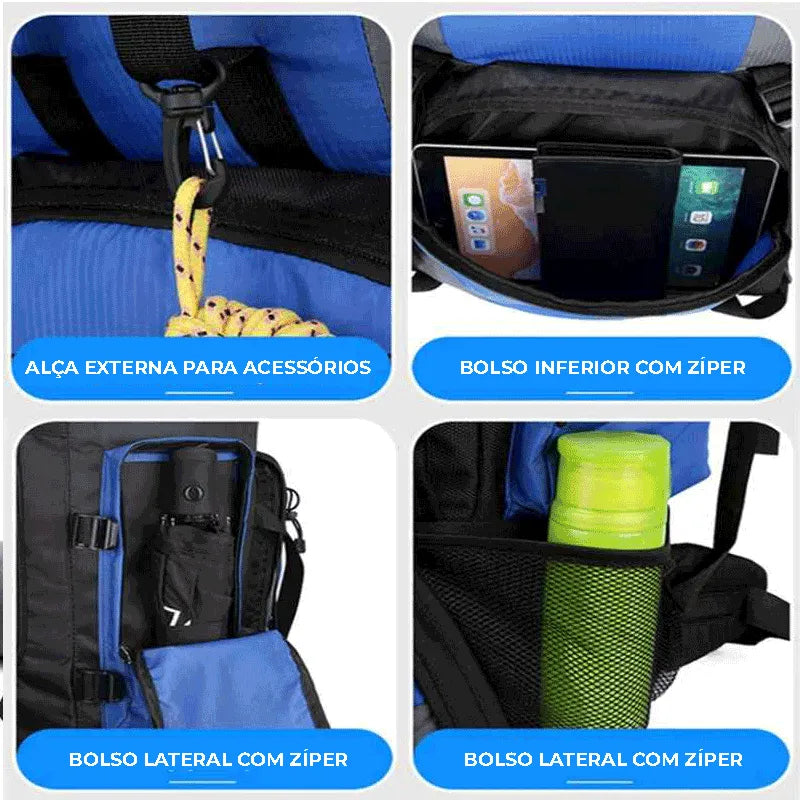 Detalhes de organização multi-bolsos, com bolso para tablet e alça externa para acessórios, garantindo conveniência.
