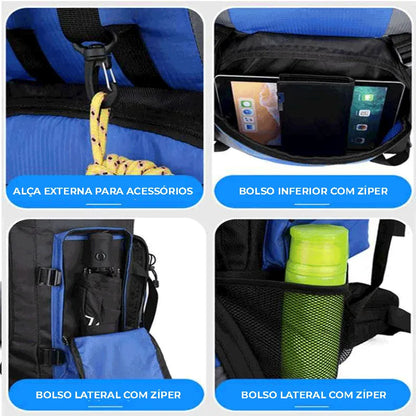 Detalhes de organização multi-bolsos, com bolso para tablet e alça externa para acessórios, garantindo conveniência.