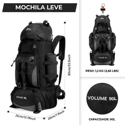 Diagrama de dimensões, enfatizando o volume de 90 Litros e o peso ultraleve de 1.2 KG, USP de portabilidade extrema e durabilidade.