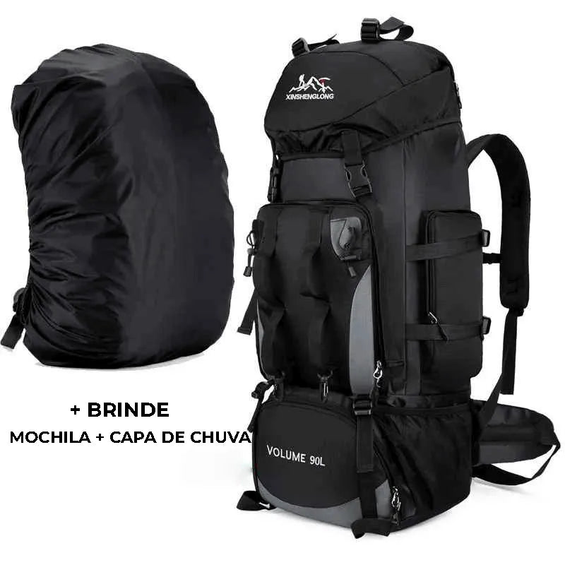 Detalhes do design inteligente: capa de chuva inclusa, acessórios reforçados e fivela de liberação rápida para segurança.