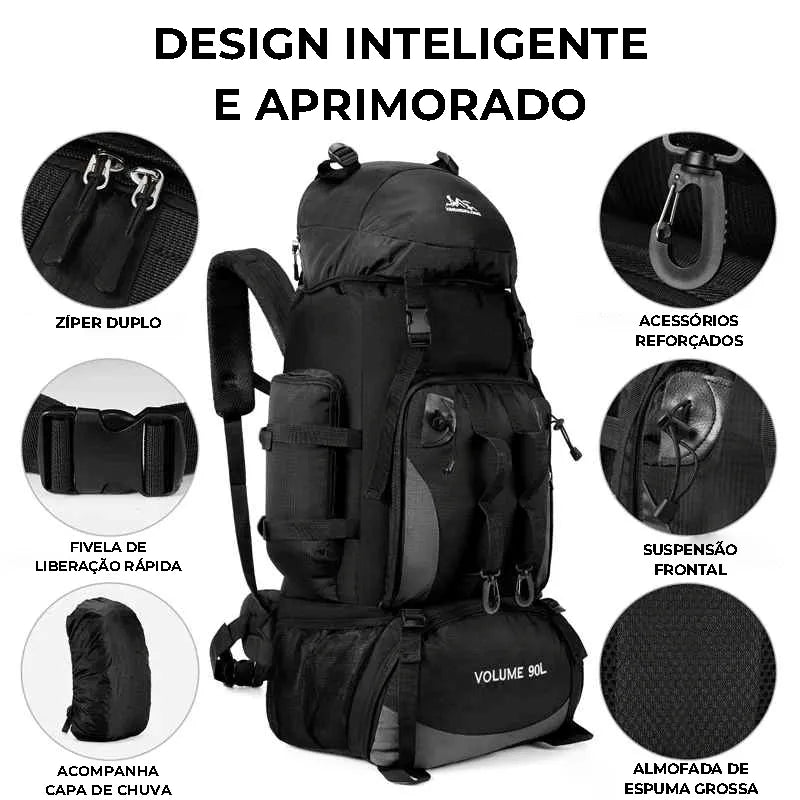 Mochila 90 Litros com capa de chuva inclusa como brinde, garantindo proteção total e durabilidade, aumentando o Alto Valor.