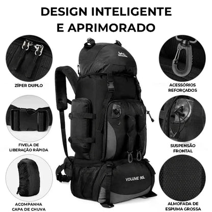 Mochila 90 Litros com capa de chuva inclusa como brinde, garantindo proteção total e durabilidade, aumentando o Alto Valor.