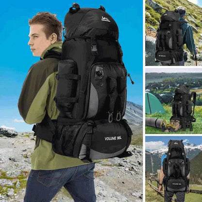 Usuário com a mochila 90L em trilha, demonstrando o ajuste perfeito e o conforto no transporte de carga para trekking e aventura.