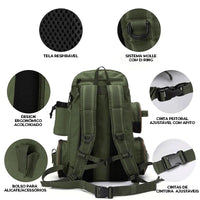 Vista traseira da mochila, destacando o Sistema MOLLE com D-Ring, cinta peitoral com apito de segurança e o design ergonômico acolchoado.