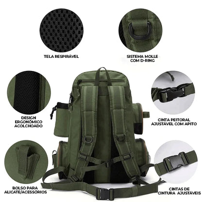 Mochila de camping verde militar Pesca Master ergonômica com alças reforçadas