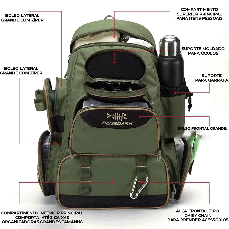 Mochila de camping verde militar grande e impermeável Pesca Master