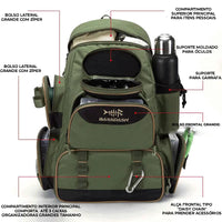 Vista interna da mochila, detalhando o compartimento inferior para caixas, suporte para garrafa/óculos e a organização tática de Alto Valor.